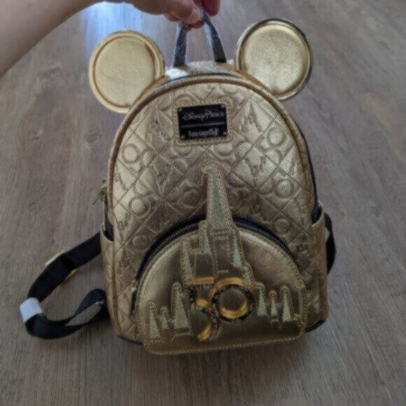 Loungefly Disney World 50th Anniversary Genuine Leather Gold Mini Backpa… - Picture 12 of 15
